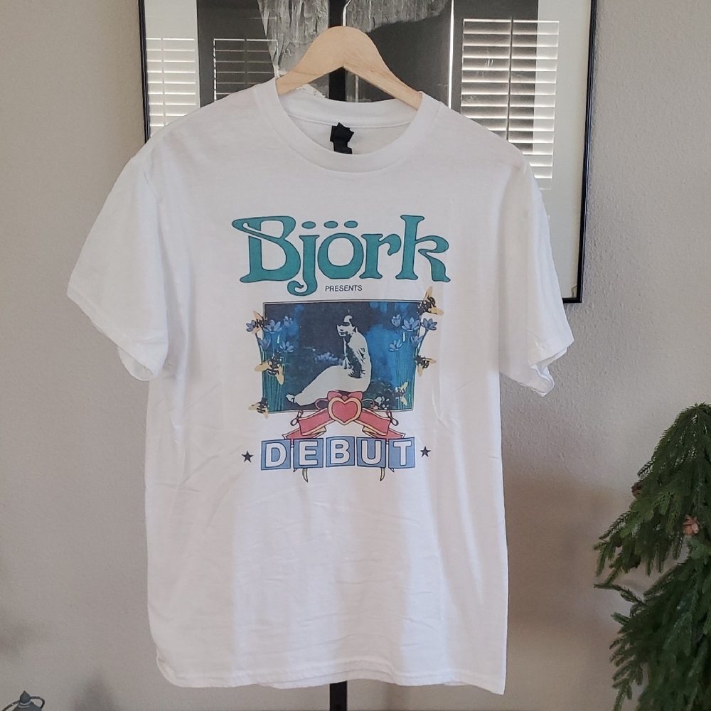 Bjork Gildan White Tee with Teal and Blue Debut Graphic